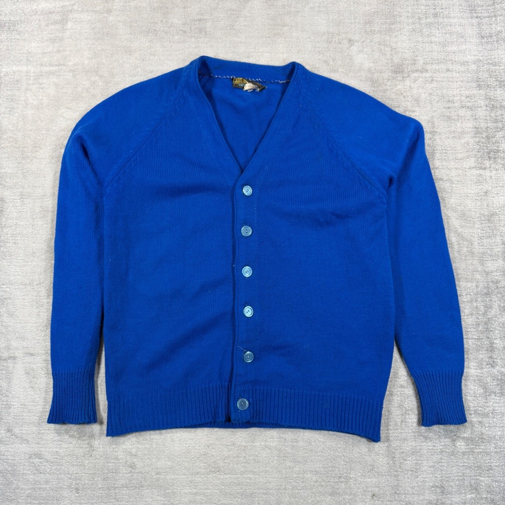 Sears Sweater Mens Large Royal Blue Vintage 1970s Acrylic Knit Cardigain Grandpa